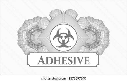 Grey linear rosette with biohazard icon and Adhesive text inside