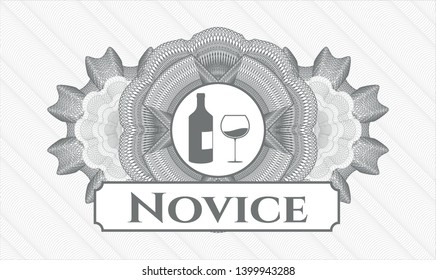 Grey linear rosette with bottle and glass of wine icon and Novice text inside