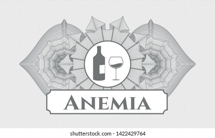 Grey linear rosette with bottle and glass of wine icon and Anemia text inside