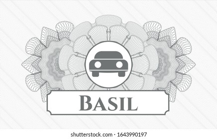 Grey linear rosette with car seen from front icon and Basil text inside