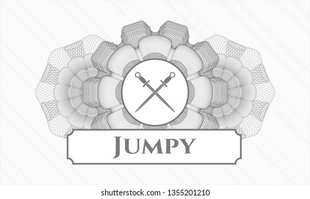 Grey linear rosette with crossed swords icon and Jumpy text inside