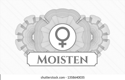 Grey linear rosette with female icon and Moisten text inside