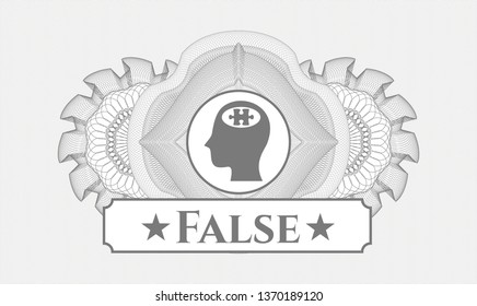 Grey linear rosette with head with jigsaw puzzle piece icon and False text inside