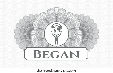 Grey linear rosette with man lifting world icon and Began text inside
