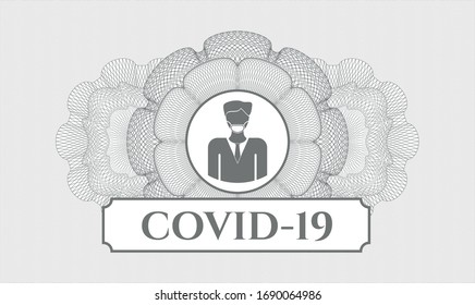 Grey linear rosette with man wearing face mask icon and COVID-19 text inside