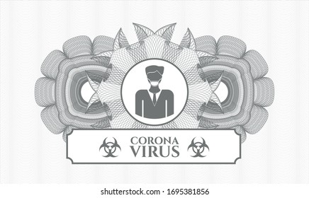 Grey linear rosette with man wearing face mask icon and Coronavirus text inside