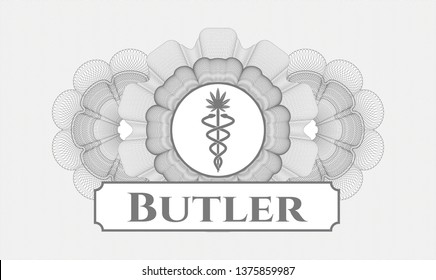 Grey linear rosette with medical marijuana icon and Butler text inside