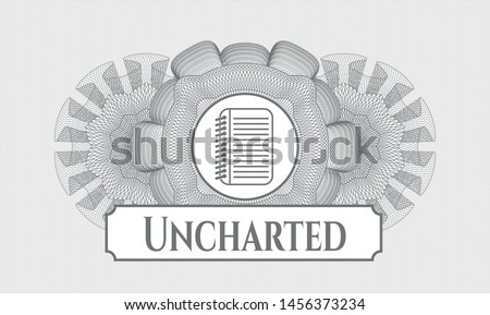 Grey linear rosette with note book icon and Uncharted text inside
