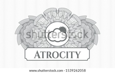 Grey linear rosette with sun behind cloud icon and Atrocity text inside