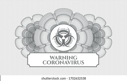 Graue lineare Rosette. Vektorillustration Illustration. Detaillierte Angaben mit dem Biorisiko-Covid-19-Symbol und Warnhinweis-Coronavirus-Text