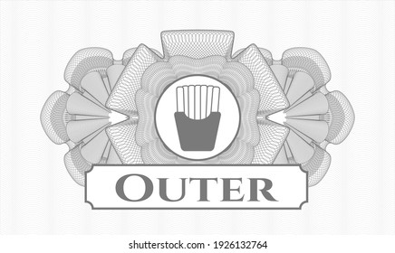 Grey linear rosette. Vector Illustration. Detailed with fries icon and Outer text inside