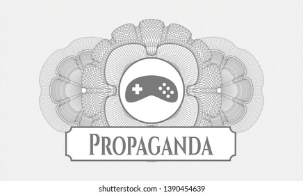 Grey linear rosette with video game icon and Propaganda text inside