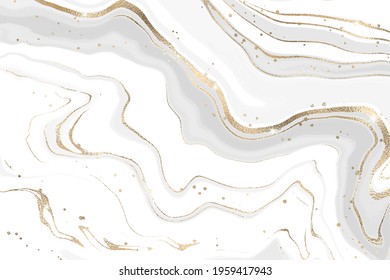 Grey liquid marbled watercolor background with golden lines. Pastel luxury monochrome fluid epoxy rubber drawing effect. Vector illustration of alcohol ink design template for banner or print.