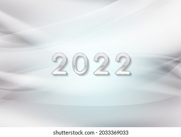 Grey liquid waves and glossy 2022 New Year abstract background. Smooth white wavy Christmas graphic design. Vector illustration