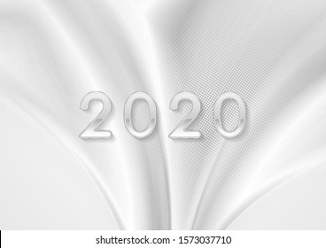 Grey liquid waves and silver 2020 New Year abstract background. Smooth white wavy Christmas graphic design. Vector illustration