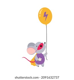 Grey Little Mouse Animal Superhero Dressed in Mask and Cape Holding Balloon Vector Illustration