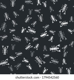 Grey Lobster icon isolated seamless pattern on black background. Vector.