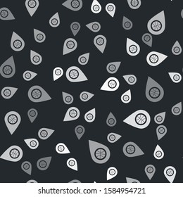 Grey Location with basketball ball inside icon isolated seamless pattern on black background.  Vector Illustration