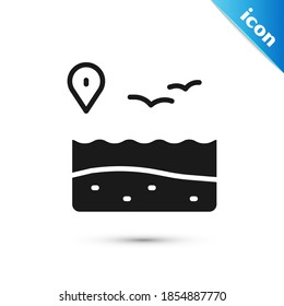 Grey Location with beach icon isolated on white background. Tropical beach landscape. Good sunny day.  Vector