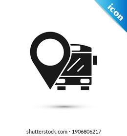 Grey Location with bus icon isolated on white background. Transportation concept. Bus tour transport sign. Tourism or public vehicle symbol.  Vector