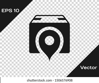 Grey Location with cardboard box icon isolated on transparent background. Delivery services, logistic and transportation, relocation, distribution.  Vector Illustration