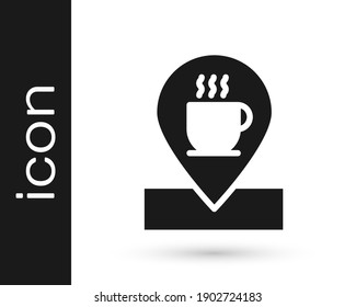 Ubicación gris con icono de taza de café aislado en fondo blanco.  Ilustración vectorial