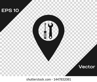 Grey Location with crossed screwdriver and wrench tools icon isolated on transparent background. Pointer settings symbol.  Vector Illustration