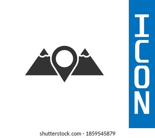 Icono de las montañas de ubicación gris aislado en fondo blanco. Símbolo del concepto de victoria o éxito.  Vector