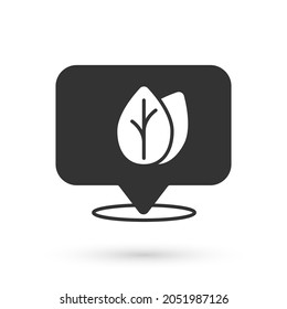 Pin de posición gris con icono de hoja interior aislado en fondo blanco. Deja la señal. Símbolo de producto natural fresco.  Vector