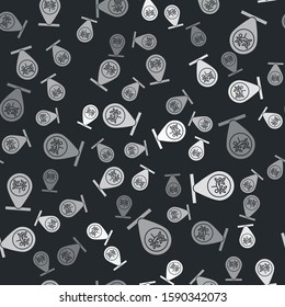 Grey Location and tree icon isolated seamless pattern on black background.  Vector Illustration