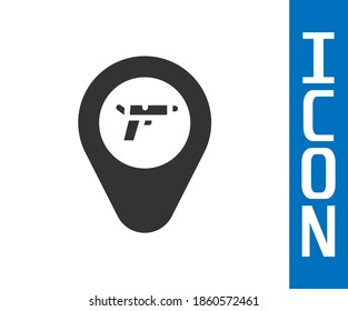 Ubicación gris con icono de arma aislado en fondo blanco.  Vector