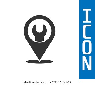 Grey Location with wrench spanner icon isolated on white background. Adjusting, service, setting, maintenance, repair, fixing.  Vector Illustration