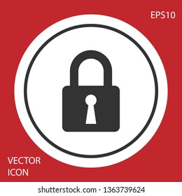 Grey Lock icon isolated on red background. Closed padlock sign. Cyber security concept. Digital data protection. Safety safety. White circle button. Vector Illustration