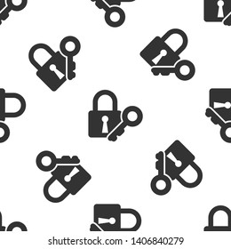 Grey Lock and key icon isolated seamless pattern on white background. Padlock sign. Security, safety, protection, privacy concept. Vector Illustration
