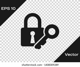 Grey Lock and key icon isolated on transparent background. Padlock sign. Security, safety, protection, privacy concept. Vector Illustration