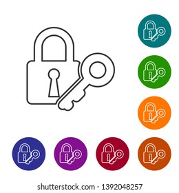 Grey Lock and key line icon isolated on white background. Padlock sign. Security, safety, protection, privacy concept. Set icon in color circle buttons. Vector Illustration