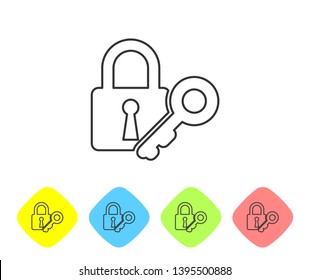 Grey Lock and key line icon isolated on white background. Padlock sign. Security, safety, protection, privacy concept. Set icon in color rhombus buttons. Vector Illustration