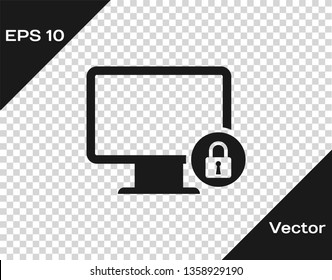 Grey Lock on computer monitor screen icon isolated on transparent background. Monitor and padlock. Security, safety, protection concept. Safe internetwork. Vector Illustration