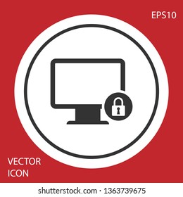 Grey Lock on computer monitor screen icon isolated on red background. Monitor and padlock. Security, safety, protection concept. Safe internetwork. White circle button. Vector Illustration