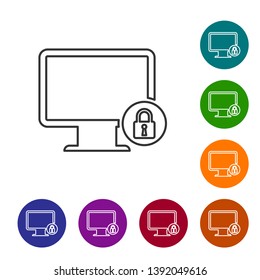 Grey Lock on computer monitor screen line icon on white background. Monitor and padlock. Security, safety, protection concept. Safe internetwork. Set icon in color circle buttons. Vector Illustration