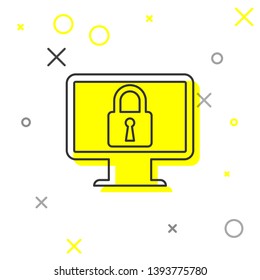 Grey Lock on computer monitor screen line icon isolated on white background. Monitor and padlock. Security, safety, protection concept. Safe internetwork. Vector Illustration