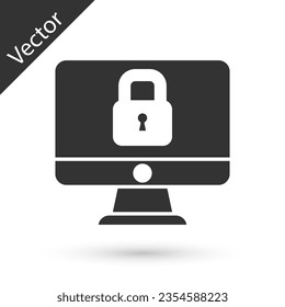 Grey Lock on computer monitor screen icon isolated on white background. Security, safety, protection concept. Safe internetwork.  Vector