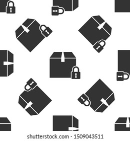 Grey Locked package icon isolated seamless pattern on white background. Lock and cardboard box.  Vector Illustration