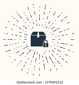 Grey Locked package icon isolated on beige background. Lock and cardboard box. Abstract circle random dots. Vector Illustration