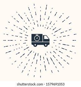 Grey Logistics delivery truck and stopwatch icon isolated on beige background. Delivery time icon. Abstract circle random dots. Vector Illustration