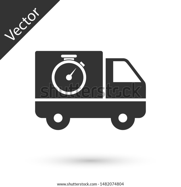 Grey\
Logistics delivery truck and stopwatch icon isolated on white\
background. Delivery time icon.  Vector\
Illustration