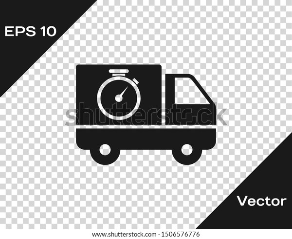 Grey\
Logistics delivery truck and stopwatch icon isolated on transparent\
background. Delivery time icon.  Vector\
Illustration