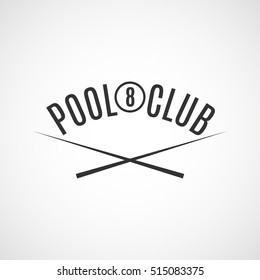 Grey logo for different types of billiards, pool, snooker, isolated on white background in retro style, vector illustration.