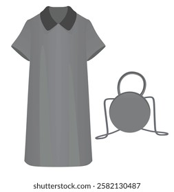 Grey  long sleeve dress and handbag. vector illustration