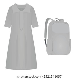 Vestido de manga larga gris y bolso escolar. Ilustración vectorial